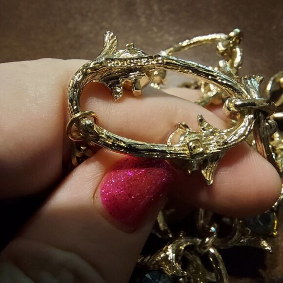 VTG RARE Rousseau Choker Necklace Iridescent Rhinestones on Gold Color Links 15" - Picture 9 of 9